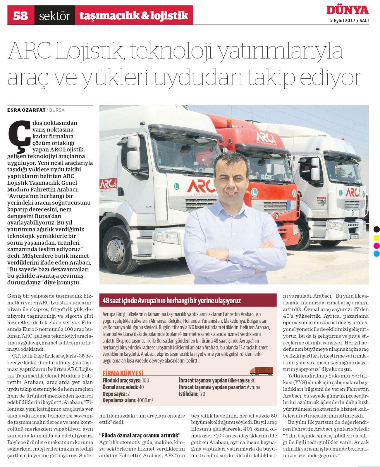 ARC Lojistik, teknoloji yatırımlarıyla araç ve yükleri uydudan takip ediyor.